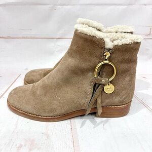 See by Chloe Suede Leather Louise Sheepskin Shearling Fur Lined Zip Ankle Boots